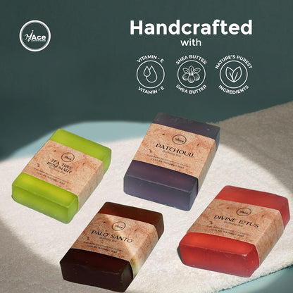 MY ACE Handmade Soap Set – 4 Bathing Bars: Tea Tree Rosemary, Patchouli, Divine Lotus & Palo Santo – SLES & Paraben-Free, Coconut Oil, Shea Butter & Vitamin E – Gentle & Moisturizing, 3.5 oz Each