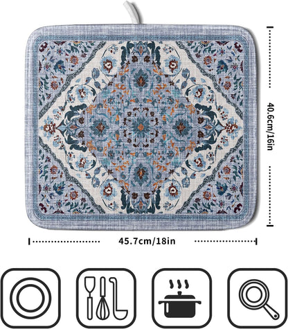 Boho Flower Dish Drying Mat Blue Bohemian Dishes Drainer Rack Mat 16x18 Inch Microfiber Kitchen Drying Pad for Countertop Tableware Decor