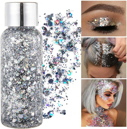 MAEPEOR Chunky Face Body Glitter Gel 19 Colors Mermaid Sequins Holographic Body Glitter Gel Long-Lasting Festival Makeup Glitter Paint for Face Body Hair Nails (30g, 01 Silver)