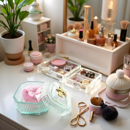 Body Powder Puff and Container - Glass Dusting Powder Container with Soft Puffs Vintage Powder Puff Case for Women & Girls (3.15x3.15x2.56 H IN) - GRB015-Light Green