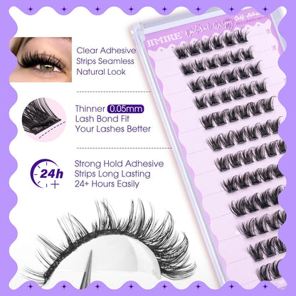 JIMIRE Self Adhesive Eyelashes Manga Lash Clusters Natural Look 10-14MM Wispy Pre Glued Lashes Clusters No Glue Needed D-Curly Natural Cluster Lashes Reusable Invisible Band Press on Lashes