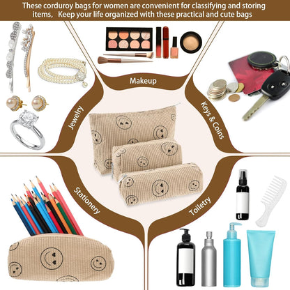 3 Pcs Makeup Bag Set for Women Corduroy Cosmetic Pouch Aesthetic Smile Travel Toiletry Bag Cute Purse Pouch Pencil Case Makeup Brushes Storage Organizer for Christmas(Khaki,Smile Face)