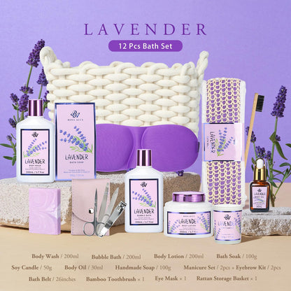 Bath and Body Gift For Women and Men - Lavender Home Spa Gift Set,Mug,Shower Gel,Bubble Bath,Lotion,Bath Bombs,Eye Mask,Manucure Set, Bath Belt, Body Oil,Bath Soak,Lip Balm,Soy Candle For Daily Use