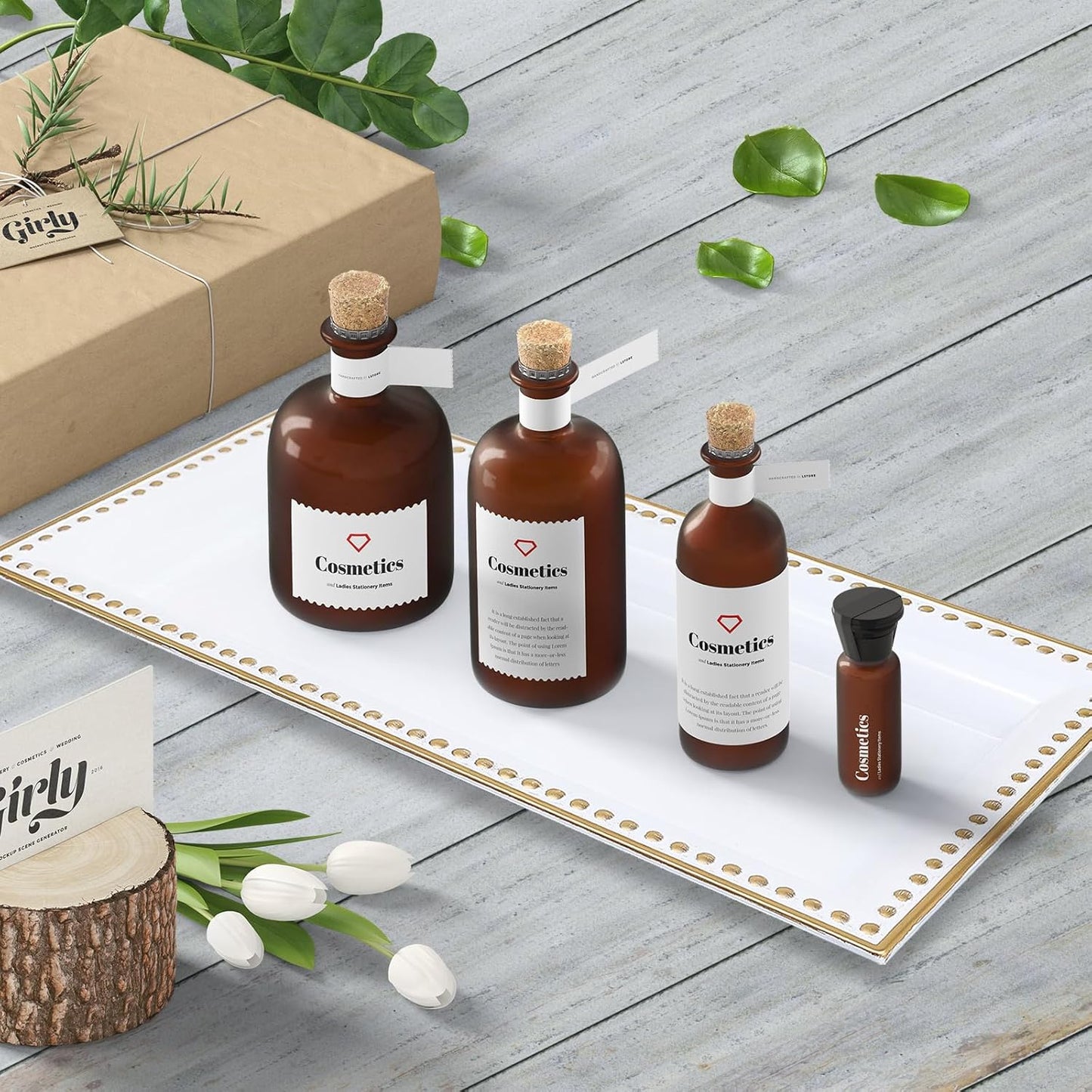 2 Pack White Bathroom Vanity Tray for Countertop with Beads, Small Plastic Toilet Tank Tray Versatile Storage Organization Tray for Makeup, Perfume, Desk, Kitchen, Candles, 14"x7"x1", 36W