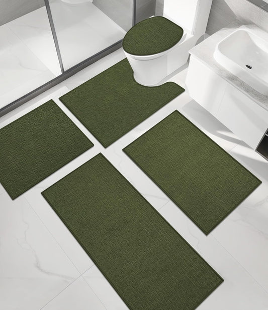 chakme Bathroom Rug Sets 5 Piece, Ultra Thin Bath Mat Quick Dry Bath Mat Set, Absorbent Bath Mat for Bathroom Non Slip Machine Washable, (Dark Green, 5 Piece)