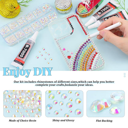 6000Pcs Resin Rhinestones for Bedazzling with 3Pcs B7000 Jewelry Glue, 1 Box Transparent AB Flatback Rhinestones for Crafting Crafts DIY, Crystals Gems for Clothing Shoes Tumblers Nail Art Makeup