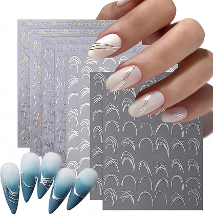 8 Sheets French Line Nail Art Stickers 3D Self-Adhesive Exquisite Gold and Silver White Metallic Designs Nail Decals Irregular French Line Nail Supplies for Women and Girls DIY Nail Art Decoration