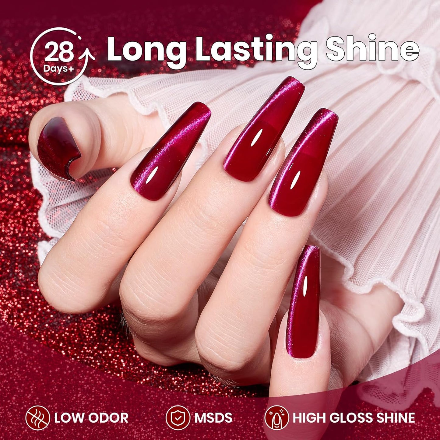 Beetles Red Cat Eye Gel Nail Polish - 15ML Cherry Red Glass Cat Eye Magnetic Glitter Gel Polish with Pink Powder Sheer Gel Soak Off UV Cherry Shimmer Collection Nail Art Design Manicure Gift for Women