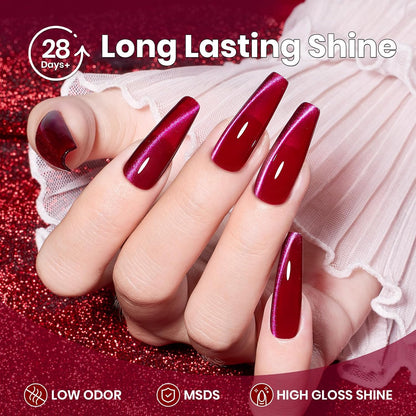 Beetles Red Cat Eye Gel Nail Polish - 15ML Cherry Red Glass Cat Eye Magnetic Glitter Gel Polish with Pink Powder Sheer Gel Soak Off UV Cherry Shimmer Collection Nail Art Design Manicure Gift for Women