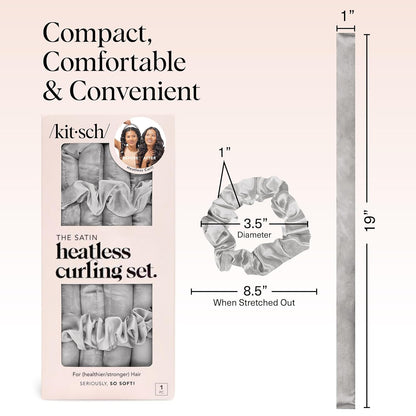 Kitsch Satin Heatless Curling Set – Heatless Hair Curler for Women, Hair Curler to Sleep In - with 2 Satin Scrunchies for Overnight Curls – No Heat Damage Styling with Heatless Curler - Silver