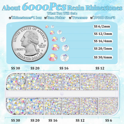 6000Pcs Resin Rhinestones for Bedazzling with 3Pcs B7000 Jewelry Glue, 1 Box Transparent AB Flatback Rhinestones for Crafting Crafts DIY, Crystals Gems for Clothing Shoes Tumblers Nail Art Makeup