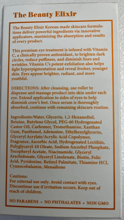 Beauty Elixir Vitamin C Under Eye Roller Serum for Dark Circles and Puffiness - Reduce Wrinkles and Fine Lines, Bags under eyes