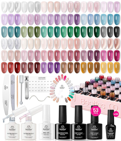 Beetles Jelly Gel Nail Polish Set, 53PCS 36 Colors Jelly Pink Milky White Red Black Blue Green Silver Cat Eye Base Glitter Glossy Matte Top Coat Crystal Ice Collection French Nails Gift for Women