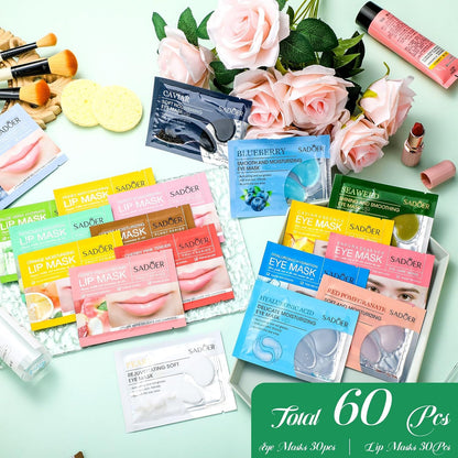 60 Pcs Moisturizing Lip Mask Eye Pads Lip Eyes Care Pads Mask Multi Pack Lip and Under Eye Patches for Puffy Eyes Spa Moisturizing Skincare Eye Lip Treatment (Lip and Eye)