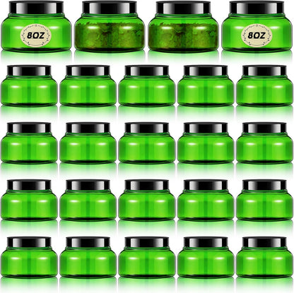 Tessco 24 Pack Plastic Jars with Lids Labels Empty Clear Plastic Jars Round Refillable Cosmetic Containers Body Butter Containers Bulk Sugar Scrub Bottle for Make Up(8 oz,Green, Black)