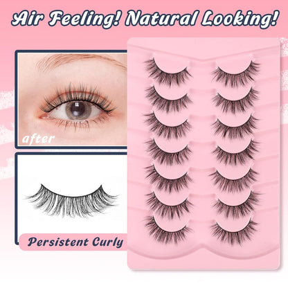 Lashes False Eyelashes Natural 16mm Wispy Lashes Pack Fluffy Eyelashes C Curl Strip Lashes Weightless Fake Lashes 0.1MM Thin Band Eyelash 3D Volume Siligli 7 Pair Lash