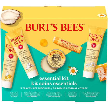 Burt's Bees Back to School Gift Ideas - Essentials Everyday Set, 5 Travel Size Products - Deep Cleansing Cream, Hand Salve, Body Lotion, Foot Cream and Original Lip Balm