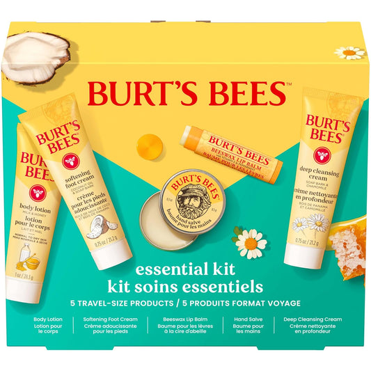 Burt's Bees Back to School Gift Ideas - Essentials Everyday Set, 5 Travel Size Products - Deep Cleansing Cream, Hand Salve, Body Lotion, Foot Cream and Original Lip Balm