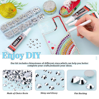 6000Pcs Resin Rhinestones for Bedazzling with 3Pcs B7000 Jewelry Glue, 1 Box Silver Flatback Rhinestones for Crafting Crafts DIY, Crystals Gems for Clothing Shoes Tumblers Nail Art Makeup