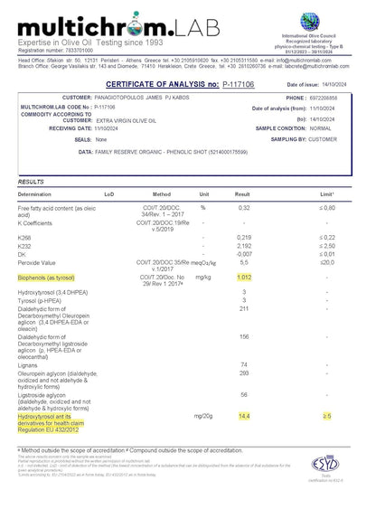 P.J. KABOS 2024/25 Harvest, Extremely High Phenolic (1000+ mg/kg), USDA Organic Greek Extra Virgin Olive Oil, Kosher, Cold Extracted, 16.9oz Bottle, PJ KABOS “Family Reserve Organic - Phenolic Shot”