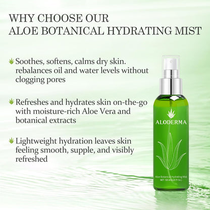 Aloderma Aloe Botanical Hydrating Mist Made with 82% Organic Aloe Vera - Soothing, Moisturizing, Lightweight Facial Spray with Panthenol - Refreshes, Invigorates Skin Throughout the Day, 120ml/4.23Oz