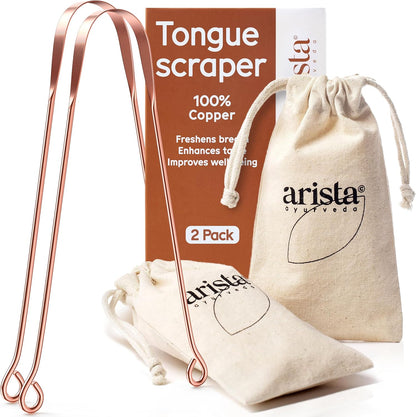 Arista 100% Copper Tongue Scraper for Adults & Kids – Metal Tongue Scraper Copper for Bad Breath, Oral Care & Hygiene – 2 Pack with Travel Pouches