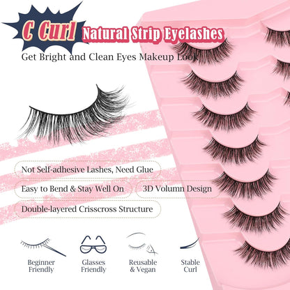 Lashes False Eyelashes 13MM Wispy Lashes Pack Fluffy Lash Strip EyeLashes with Thin Band C Curl Natural Lashes Fake Eyelash 7 Pair Siligli