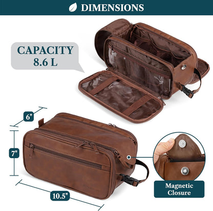 PAVILIA Large Toiletry Bag for Men Women, Mens Travel Bag Toiletries Organizer Case for Grooming, Travel Essentials Shaving Dopp Kit, PU Leather Water Resistant Cosmetic Pouch, Brown