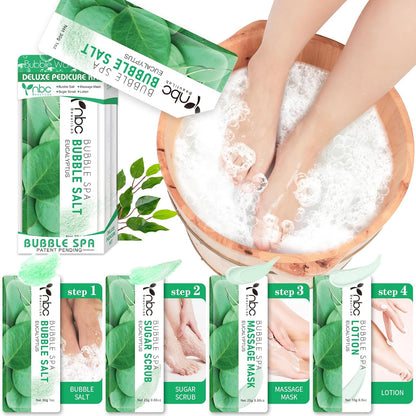 Pedicure Kit Foot Soak Set: Bubble Salt, Sugar Scrub, Massage Mask, Massage Lotion in a Box, 4 Step Foot Spa Kit for Dry Feet,Tired Feet (1 Set Eucalyptus)