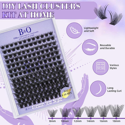 Lash Extension Kit B02 Eyelash Extension Kit B&Qaugen DIY Lash Extension Kit 156 PCS Lash Clusters 8-18mm Cluster Eyelash Extensions Kit with Lash Bond and Seal Lash Applicator Tool (Kit,B02)