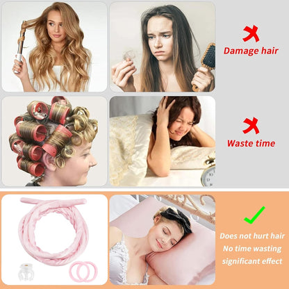 Pinkiou Heatless Curlers Overnight,Hair Curler to Sleep In, No Heat Hair Roller for Long & Short Hair, Heatless Curling Set with 2 Scrunchies (Pink)