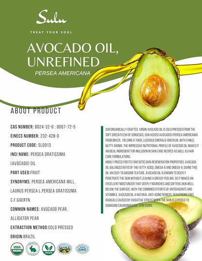 USDA Certified Organic Cold Pressed Unrefined Raw Avocado Oil - 16 fl.oz