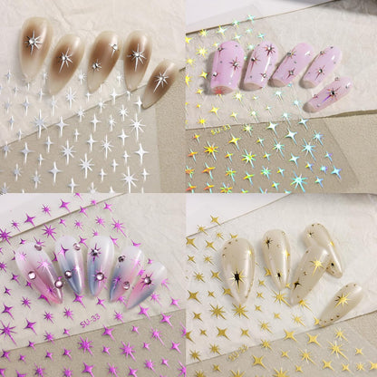 8 Sheet Bronzing Star Nail Stickers 3D Shiny Star Nail Decals Starlight Designs Sticker Nail Gold and Silver Purple Manicure Accessories for Women Nail Decorations