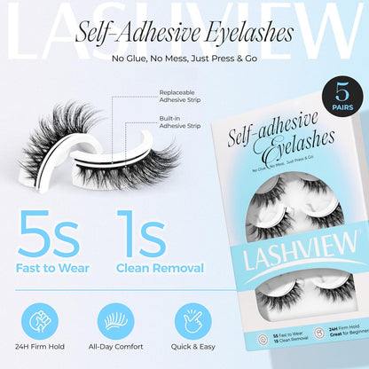 LASHVIEW Self Adhesive Eyelashes 5 Pairs Cat Eye Wispy Self-adhesive False Lashes Reusable Natural Look Press On Lashes No Glue Need Eyelashes with Replacement Adhesive Strips (CV105)