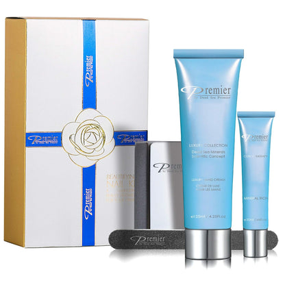 Dead Sea Premier Beautifying Nail Kit Milk and Honey - Salon Quality Manicure, hand & Body Lotion, Cuticle Oil, Nail File, 3 step Buffing Block