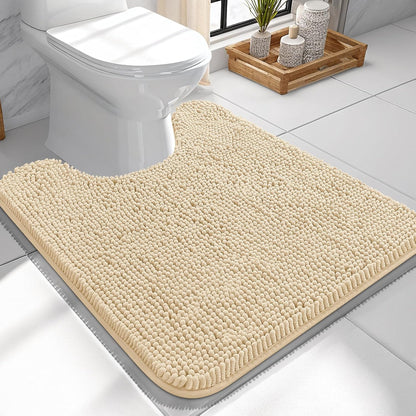 OLANLY Toilet Rugs U-Shaped 24x24, Extra Soft Absorbent Chenille Contour Bathroom Rugs for Toilet, Dry Quickly, Machine Washable, Non-Slip Bath Mat, Beige