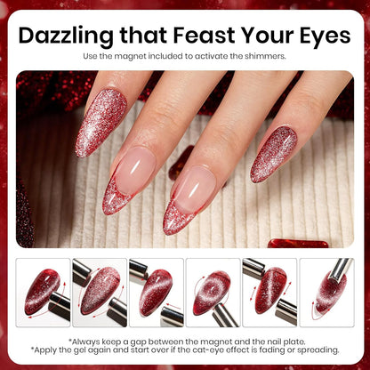 Beetles Red Cat Eye Gel Nail Polish, 15ml Glitter Nail Polish with Magnet Gel Soak Off UV LED Nail Lamp Reflective Nail Art DIY Home Manicure Design Gift for Women
