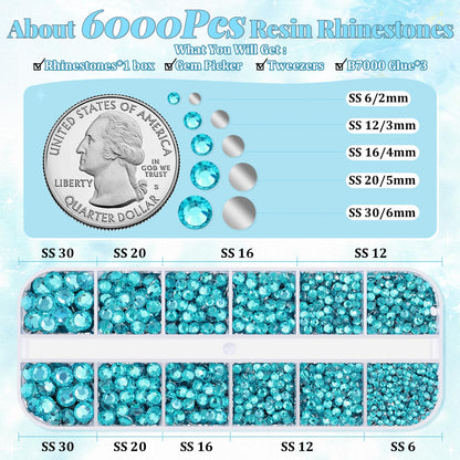 6000Pcs Resin Rhinestones for Bedazzling with 3Pcs B7000 Jewelry Glue, 1 Box Teal Blue Flatback Rhinestones for Crafting Crafts DIY, Crystals Gems for Clothing Shoes Tumblers Nail Art Makeup
