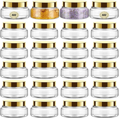Tessco 24 Pack Plastic Jars with Lids Labels Empty Clear Plastic Jars Round Refillable Cosmetic Containers Body Butter Containers Bulk Sugar Scrub Bottle for Make Up(5 oz,Gold)