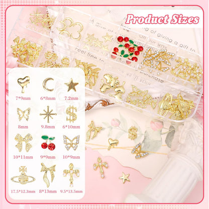 2 Boxes Alloy Gold Nail Charms, 3D Butterfly Star Cherry Nails Gems Charms, Mixed Shapes Golden Bows Heart Star Nail Studs Gold Flatback Pearls Beads for Nails Art Design DIY Accessories