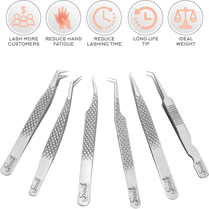 SIVOTE Eyelash Extension Tweezers Fiber Tips Japanese Steel, Set of 6 – Curved, Dolphin, 90° 45° Volume Boot & Slight Curved Tweezer – Professional Lash Tweezers for Lash Extensions Silver