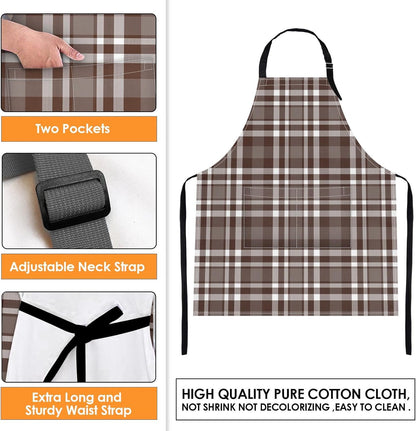 2 Pack Aprons, Plaid Check Grid Adjustable Bib Aprons with 2 Pockets for Women Men Couple Lovers Chef Home Kitchen Cooking Baking Gardening Dark Brown Green Apron 32x28 Inches