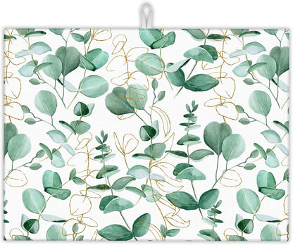 Eucalyptus Leaves Dish Drying Rack Mat for Kitchen Counter,Vintage Boho Dish Drying Pad Absorbent Reversible Microfiber Protector for Coffee Bar Sink Countertops 18x24 Inch