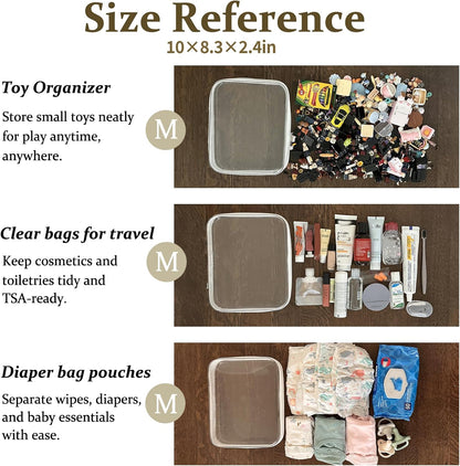 4 pcs Clear Zipper Pouches, Hard Shell Zipper Case, Makeup Organizer Travel Toiletry bag, Diaper Bag, Travel Organizer, Clear Cosmetic Bag,Toy Storage Bins (M+3S Pink)