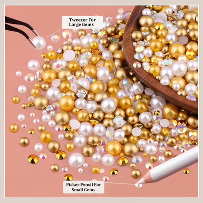 80g Flatback Pearls and Rhinestones for Crafting, White Brown 3-10mm Resin Rhinestones and Half Pearls for Bedazzling, Nail Art and Dec with 3pcs 10ml B7000 Jewelry Glue, Tweezer and Pickup Pencil