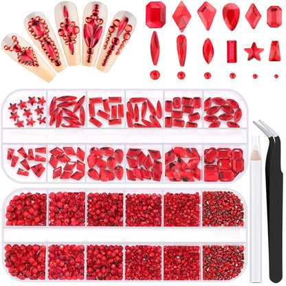 3220Pcs Red Glass Nail Rhinestones 120Pcs Multi Shapes Flatback Gems Crystal + 3100Pcs 1.5-4mm Round Beads, Manicure Diomand Jewelry Gemstones for Nail Design Makeup Acrylic Nails Decoration