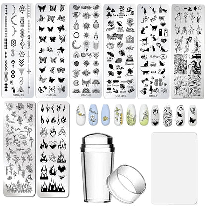 AddFavor Nail Stamper Kit 8pcs Stamping Plates Minimalist Geometric Lines Leaf Image Template for DIY Decorating Polish Gel Plate Print Stamper Manicure Stencils Tools (Mixed-Style D)