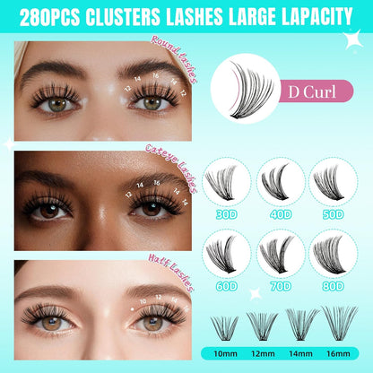 Lash Clusters Wispy 280PCS Eyelash Extension 30D Cluster Lashes Individual Lashes DIY Lash Extension Natural Look Cluster Eyelash Extensions Soft False Eyelashes at Home for Beginners(10mm)