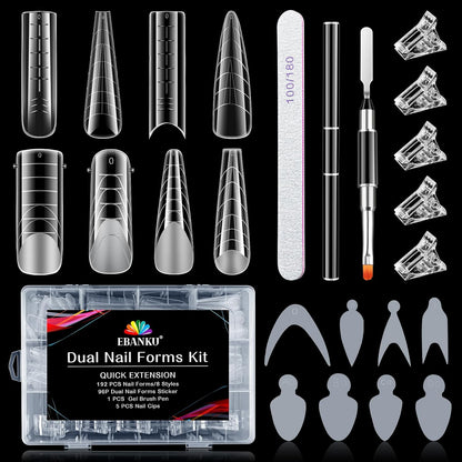 EBANKU Dual Form Kit, 288PCS Poly Gel Forms for French Nails, 8 Styles Reusable Silicone Pads, 5PCS Clips, Brush Pen, Files Buffer, Extension Kit for Beginner