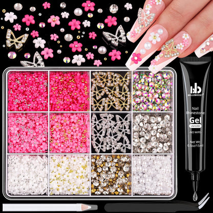 3D Nail Charms and Gems Set 2 with Rhinestone Glue, 20PCS Gold and Silver Chunky Butterfly Nail Charms, 3D Flowers for Nails, Flatback Crystals and Pearls + Diamonds + Picker Tool for Y2K Nail Decor
